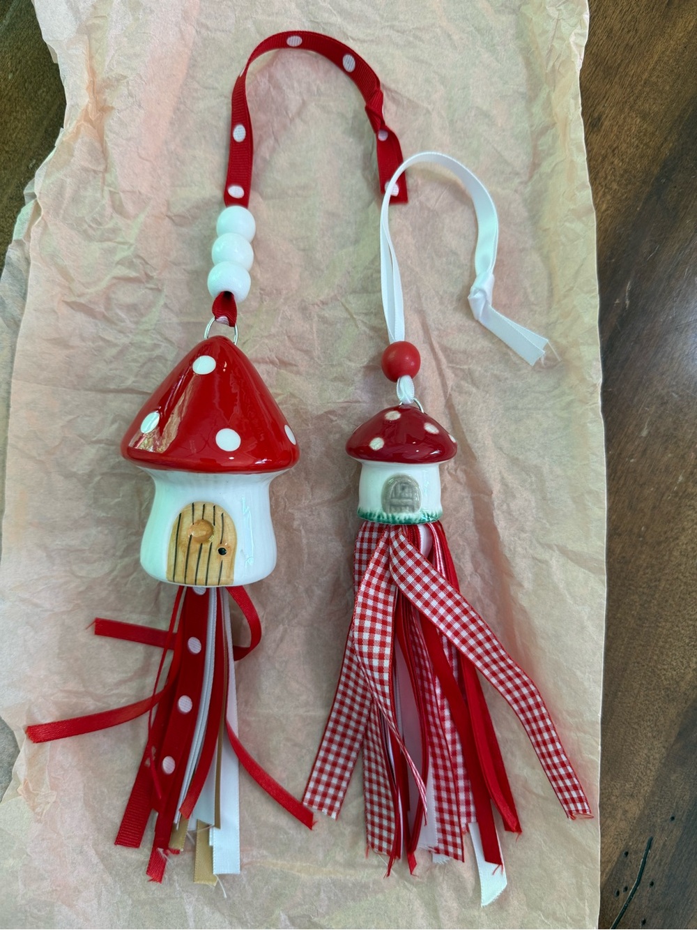 Source Unknown Red and White Ceramic Mushroom Tassel Ornaments